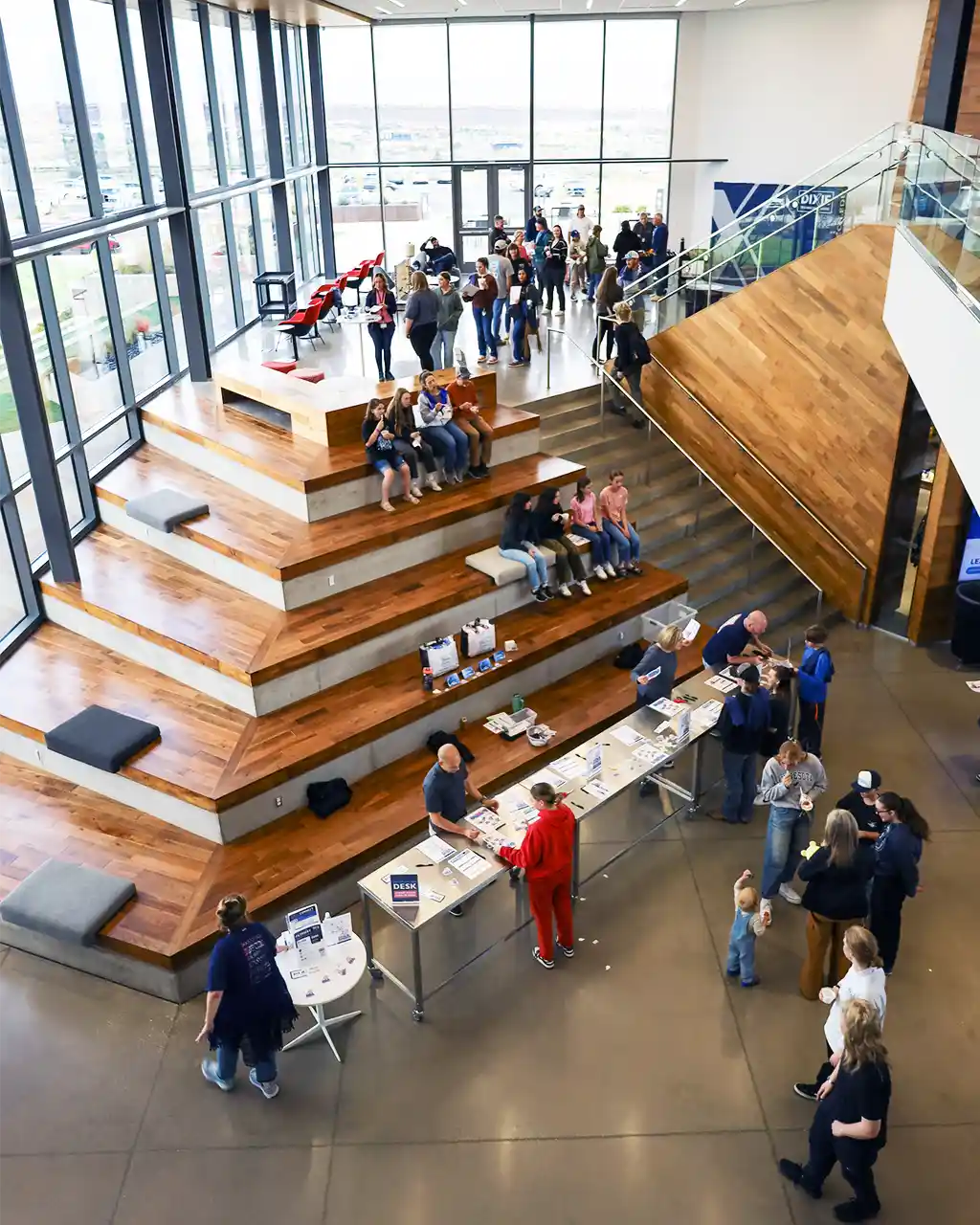 dixie tech lobby with visitors on the steps